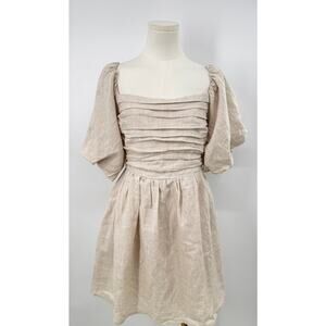 DISSH Beige Linen Dress Natural Oat Puff Sleeve Smocked Ruched Mini Short 6